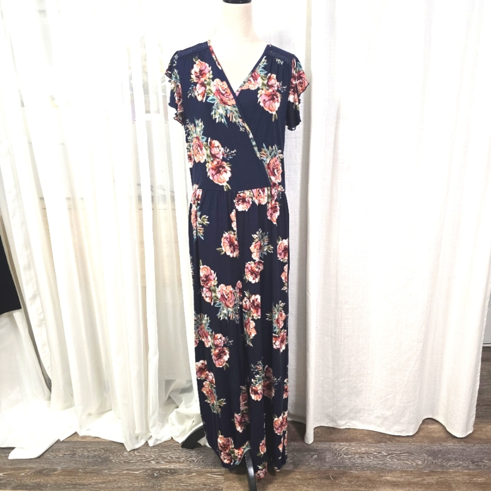 Loveappella Navy Peach Floral Womens Jumpsuit Size XLP Flutter‎ Sleeves